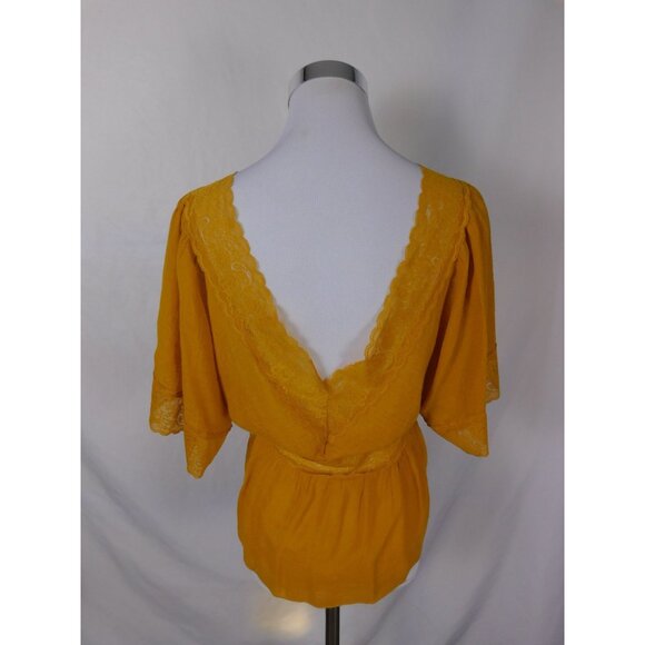 American Threads Mustard Lace Blouse L Boho Cottagecore Witch - Picture 6 of 11